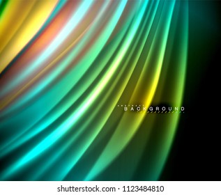 Neon glowing wave, magic energy and light motion background. Vector wallpaper template, illustration
