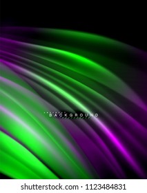 Onda brillante neón, energía mágica y fondo de movimiento de luz. Plantilla de papel tapiz vectorial, ilustración