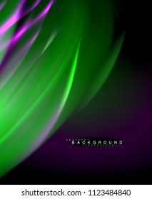 Neonleuchtende Welle, magische Energie und heller Hintergrund. Vektorhintergrund-Vorlage, Illustration