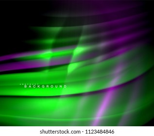 Neon glowing wave, magic energy and light motion background. Vector wallpaper template, illustration