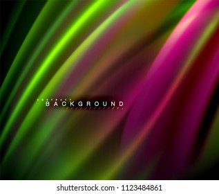 Onda brillante neón, energía mágica y fondo de movimiento de luz. Plantilla de papel tapiz vectorial, ilustración