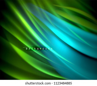 Neon glowing wave, magic energy and light motion background. Vector wallpaper template, illustration