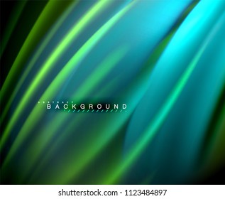Onda brillante neón, energía mágica y fondo de movimiento de luz. Plantilla de papel tapiz vectorial, ilustración