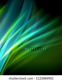 Neon glowing wave, magic energy and light motion background. Vector wallpaper template, illustration