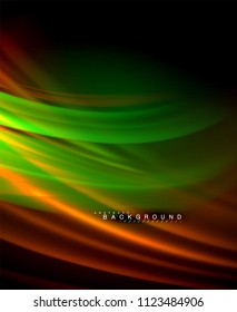 Neon glowing wave, magic energy and light motion background. Vector wallpaper template, illustration