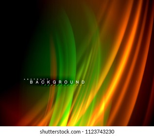 Onda brillante neón, energía mágica y fondo de movimiento de luz. Plantilla de papel tapiz vectorial, ilustración