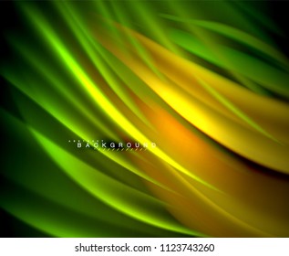 Onda brillante neón, energía mágica y fondo de movimiento de luz. Plantilla de papel tapiz vectorial, ilustración