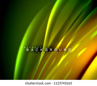 Neon glowing wave, magic energy and light motion background. Vector wallpaper template, illustration