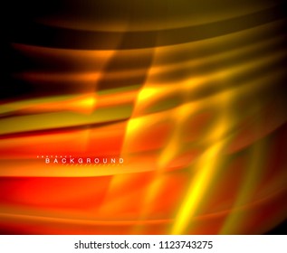 Neon glowing wave, magic energy and light motion background. Vector wallpaper template, illustration
