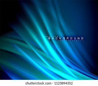Neon glowing wave, magic energy and light motion background. Vector wallpaper template, illustration