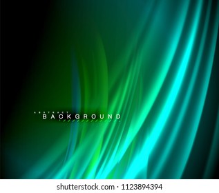 Neon glowing wave, magic energy and light motion background. Vector wallpaper template, illustration