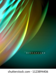 Neon glowing wave, magic energy and light motion background. Vector wallpaper template, illustration