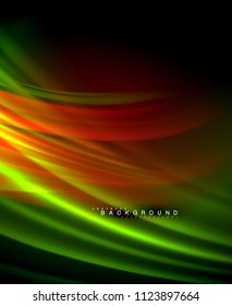 Neon glowing wave, magic energy and light motion background. Vector wallpaper template, illustration