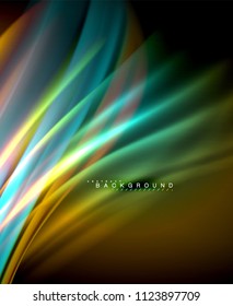 Neon glowing wave, magic energy and light motion background. Vector wallpaper template, illustration