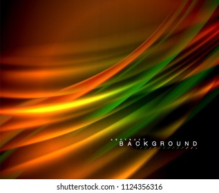 Neon glowing wave, magic energy and light motion background. Vector wallpaper template, illustration