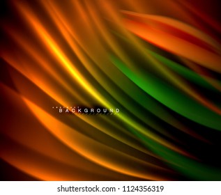 Neon glowing wave, magic energy and light motion background. Vector wallpaper template, illustration