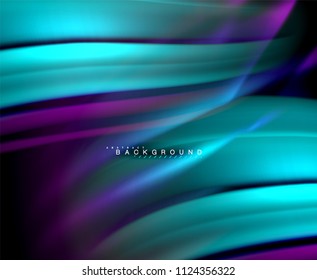 Neon glowing wave, magic energy and light motion background. Vector wallpaper template, illustration