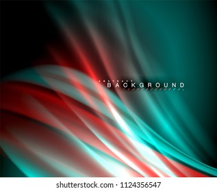 Neon glowing wave, magic energy and light motion background. Vector wallpaper template, illustration