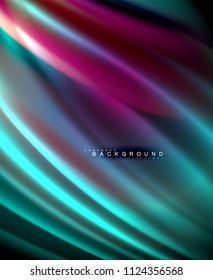Neon glowing wave, magic energy and light motion background. Vector wallpaper template, illustration