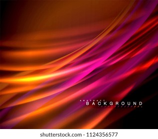 Neon glowing wave, magic energy and light motion background. Vector wallpaper template, illustration