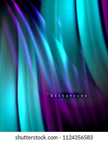 Neon glowing wave, magic energy and light motion background. Vector wallpaper template, illustration