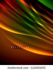 Neon glowing wave, magic energy and light motion background. Vector wallpaper template, illustration
