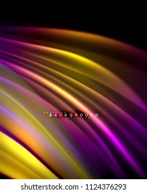 Neon glowing wave, magic energy and light motion background. Vector wallpaper template, illustration