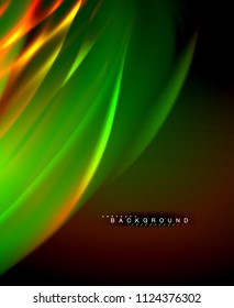 Neon glowing wave, magic energy and light motion background. Vector wallpaper template, illustration
