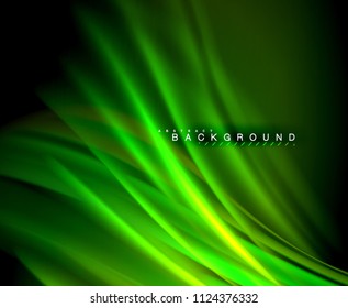 Onda brillante neón, energía mágica y fondo de movimiento de luz. Plantilla de papel tapiz vectorial, ilustración