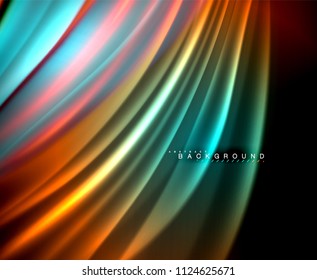 Neon glowing wave, magic energy and light motion background. Vector wallpaper template, illustration