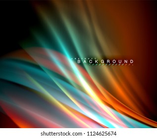 Neon glowing wave, magic energy and light motion background. Vector wallpaper template, illustration