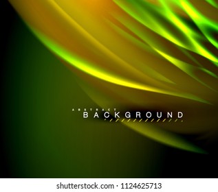 Neon glowing wave, magic energy and light motion background. Vector wallpaper template, illustration