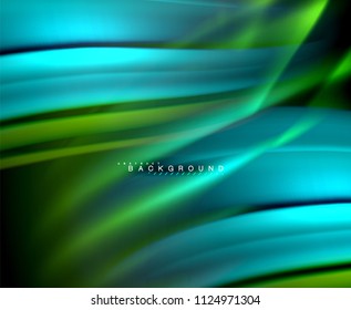 Neon glowing wave, magic energy and light motion background. Vector wallpaper template, illustration