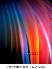 Neon glowing wave, magic energy and light motion background. Vector wallpaper template, illustration