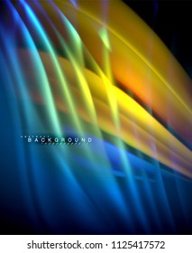 Neon glowing wave, magic energy and light motion background. Vector wallpaper template, illustration
