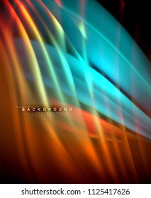 Neon glowing wave, magic energy and light motion background. Vector wallpaper template, illustration
