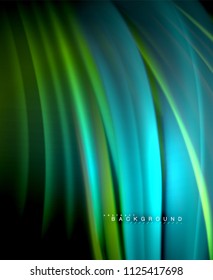 Neon glowing wave, magic energy and light motion background. Vector wallpaper template, illustration