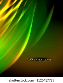 Neon glowing wave, magic energy and light motion background. Vector wallpaper template, illustration