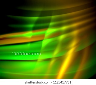 Neon glowing wave, magic energy and light motion background. Vector wallpaper template, illustration