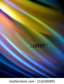 Neon glowing wave, magic energy and light motion background. Vector wallpaper template, illustration