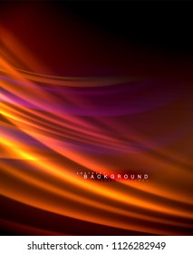 Neon glowing wave, magic energy and light motion background. Vector wallpaper template, illustration