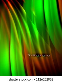Neon glowing wave, magic energy and light motion background. Vector wallpaper template, illustration