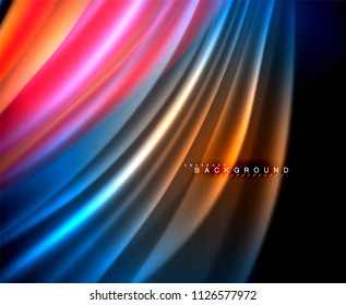 Onda brillante neón, energía mágica y fondo de movimiento de luz. Plantilla de papel tapiz vectorial, ilustración