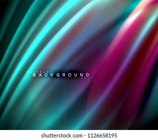Neon glowing wave, magic energy and light motion background. Vector wallpaper template, illustration