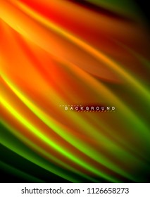Neon glowing wave, magic energy and light motion background. Vector wallpaper template, illustration