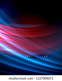 Neon glowing wave, magic energy and light motion background. Vector wallpaper template, illustration