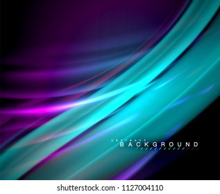 Neon glowing wave, magic energy and light motion background. Vector wallpaper template, illustration
