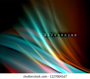 Neon glowing wave, magic energy and light motion background. Vector wallpaper template, illustration