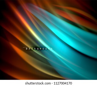 Neon glowing wave, magic energy and light motion background. Vector wallpaper template, illustration
