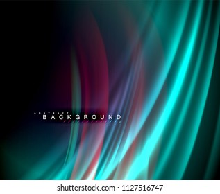 Neon glowing wave, magic energy and light motion background. Vector wallpaper template, illustration